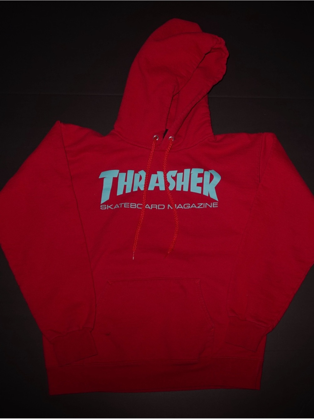 Thrasher Red Hoodie with Light Blue Logo